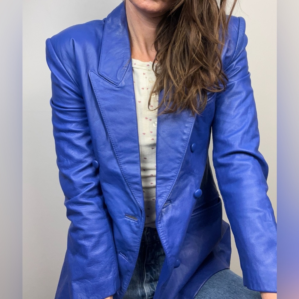 Vintage Blue Yucatan Bay Leather Double-Breasted Blazer | 1980s Classic